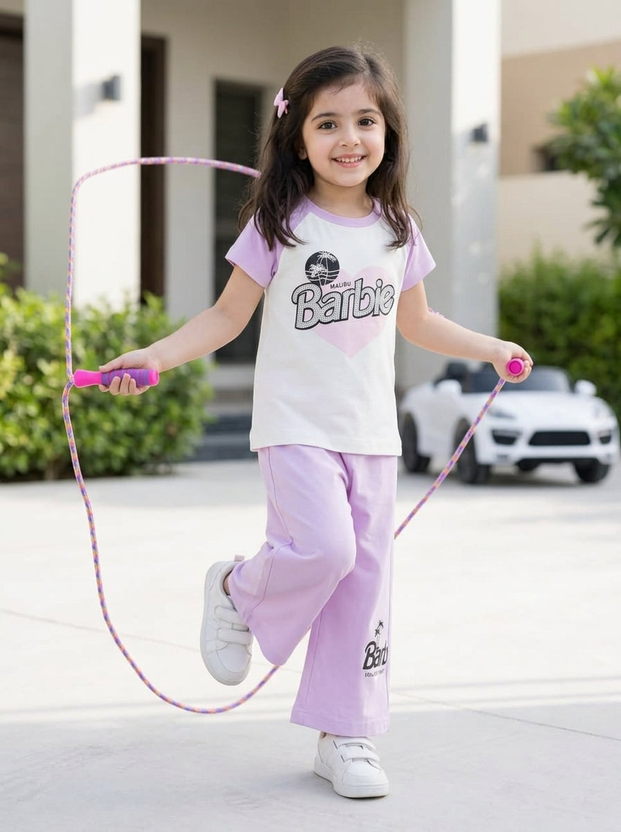 Girls Cute Printed Short Sleeve T-Shirt & Lavender Trousers Se