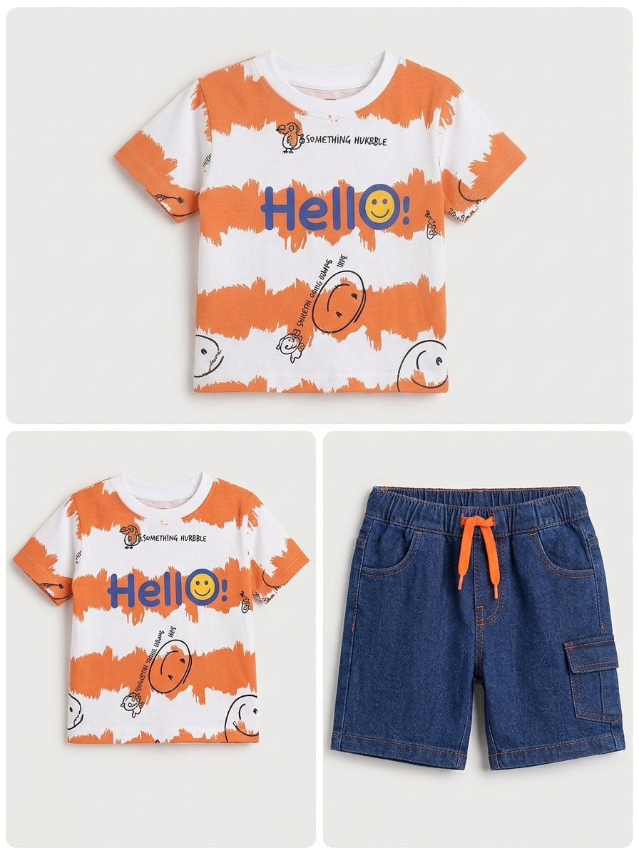 Boys Casual Summer Suit Orange Striped Hello Tee with Elastic Waist Shorts