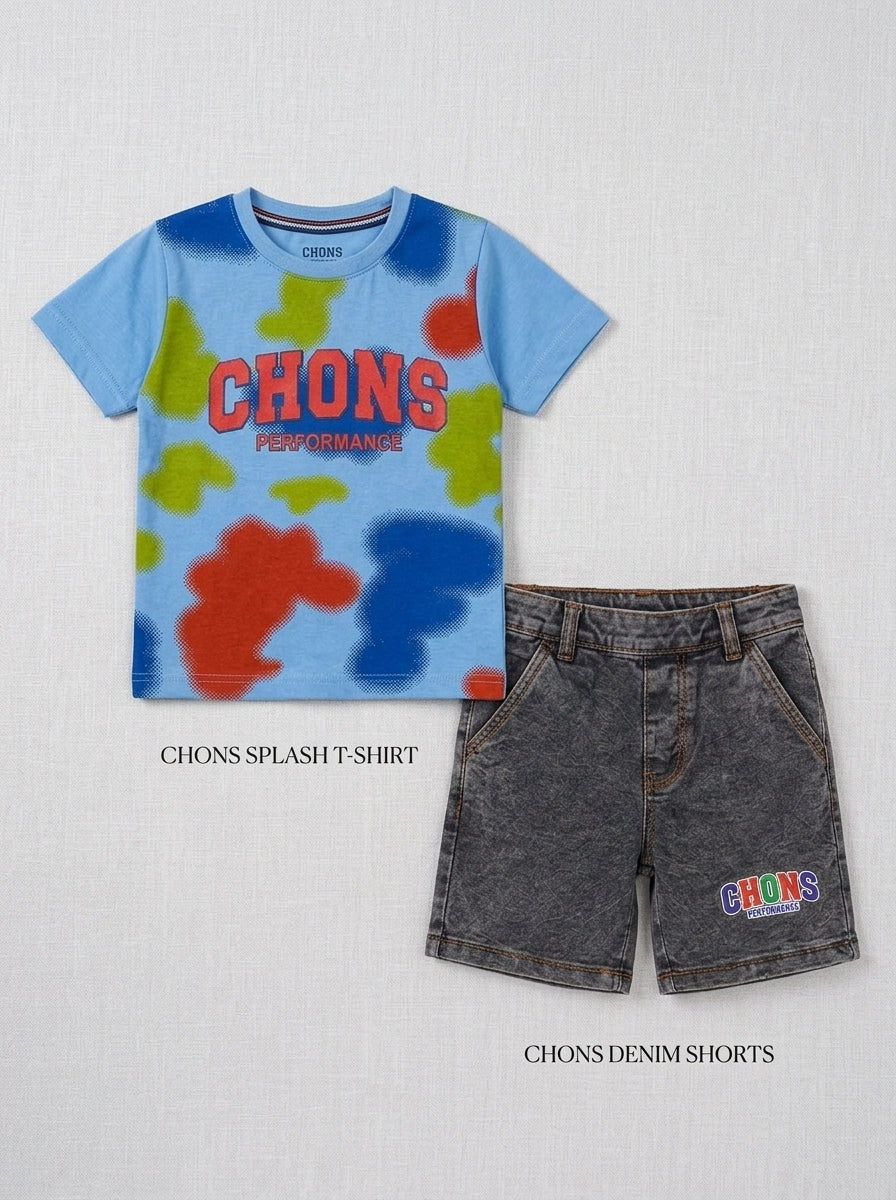 Kids Boys Trendy Summer Suit – Bright Printed Tie-Dye Tee with Dark Shorts