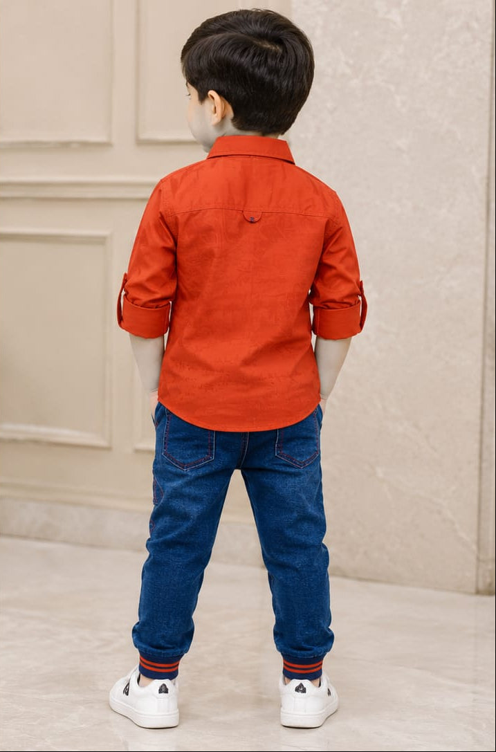 Kids Boys Trendy Orange Button-Down Top & Cargo