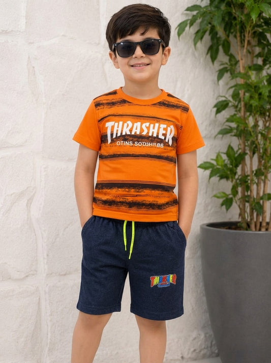 Boys Trendy Orange Thrasher T-Shirt & Shorts