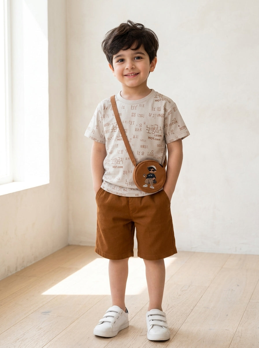 Premium Boys Beige Graphic Tee & Corduroy Shorts