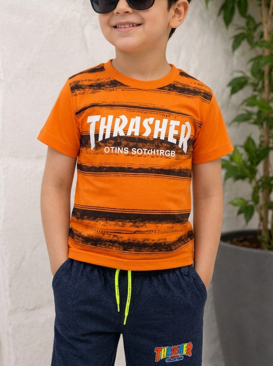 Boys Trendy Orange Thrasher T-Shirt & Shorts