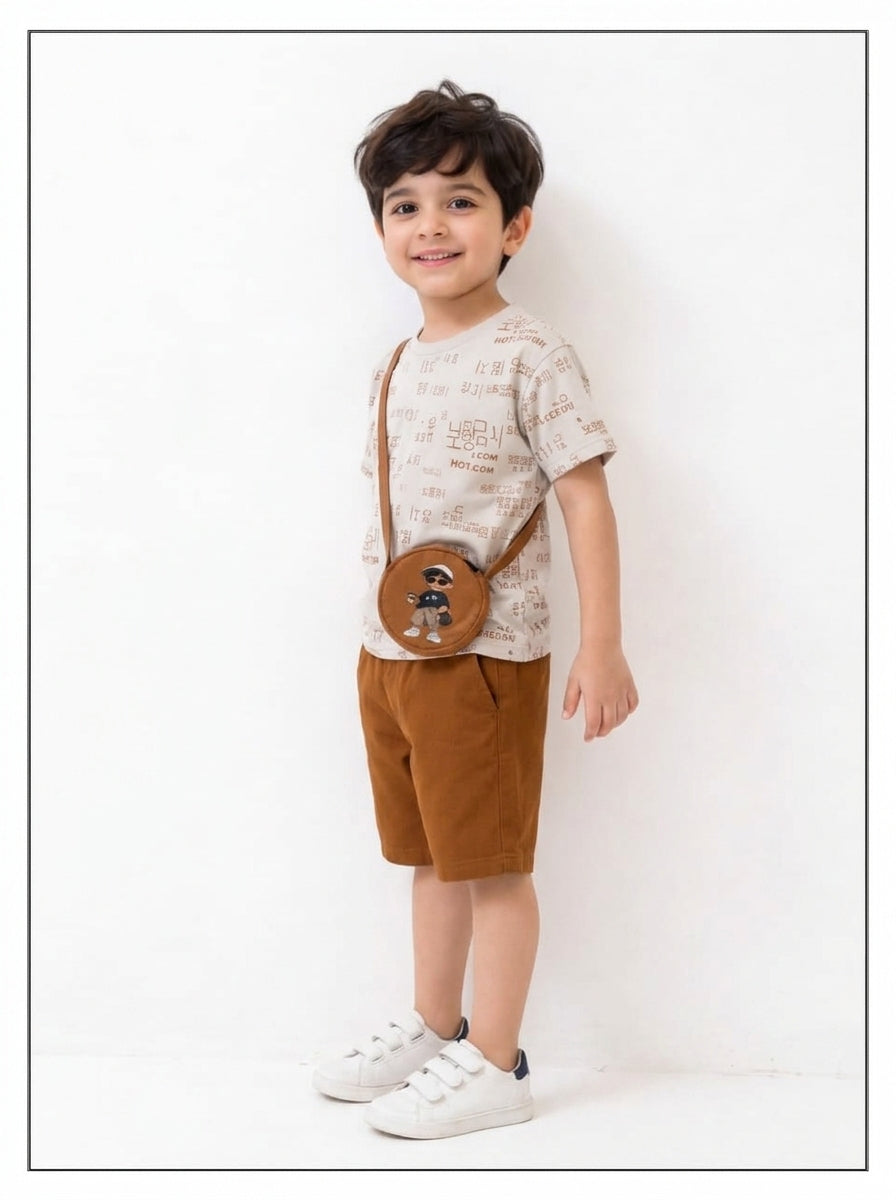 Premium Boys Beige Graphic Tee & Corduroy Shorts
