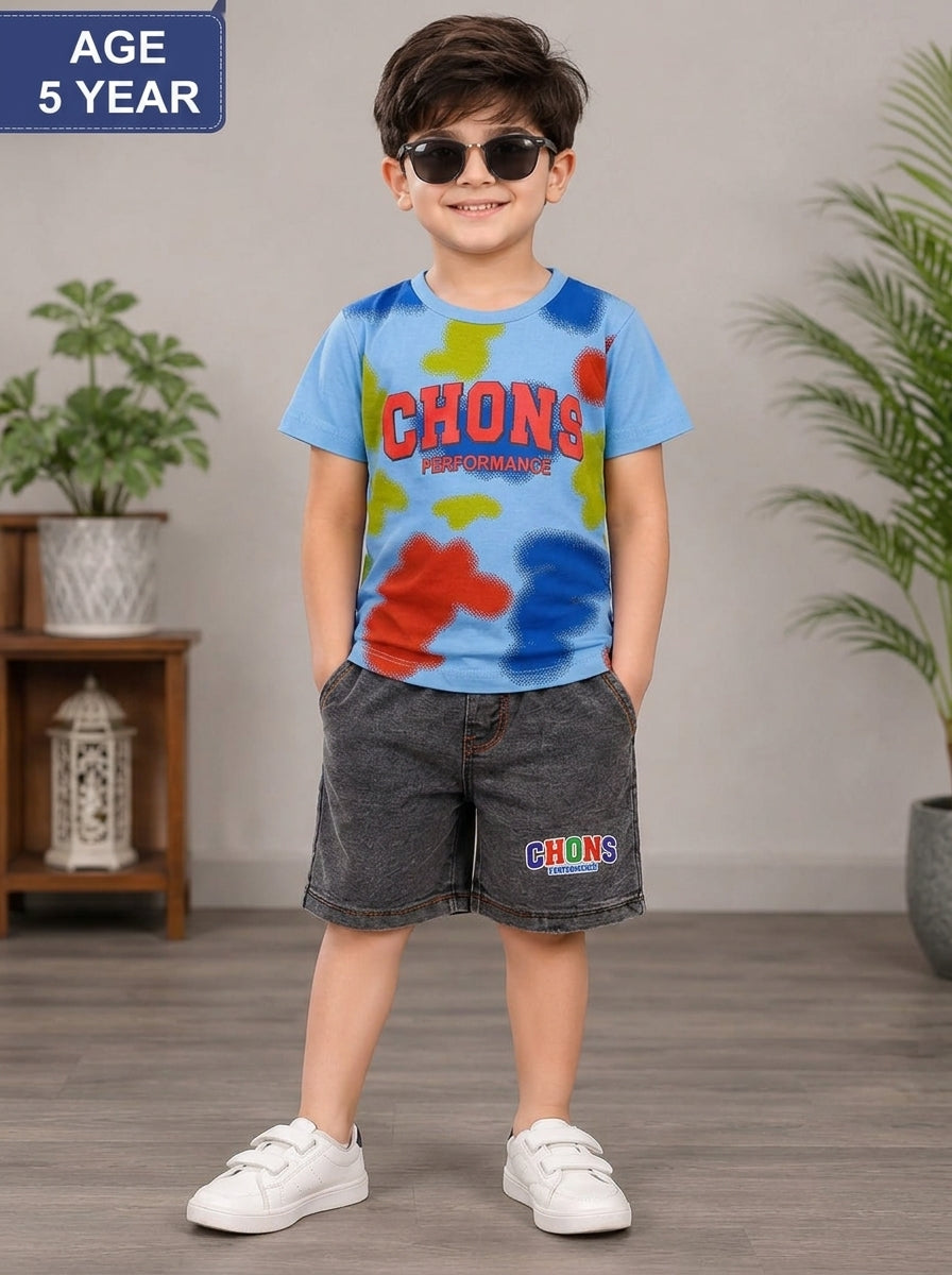 Kids Boys Trendy Summer Suit – Bright Printed Tie-Dye Tee with Dark Shorts