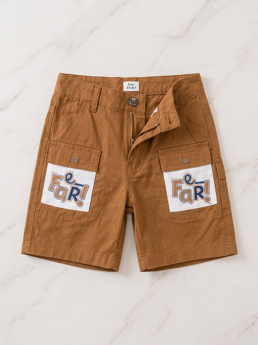 Kids Boys Casual Summer Set – Printed White Tee with Brown Cargo Shorts