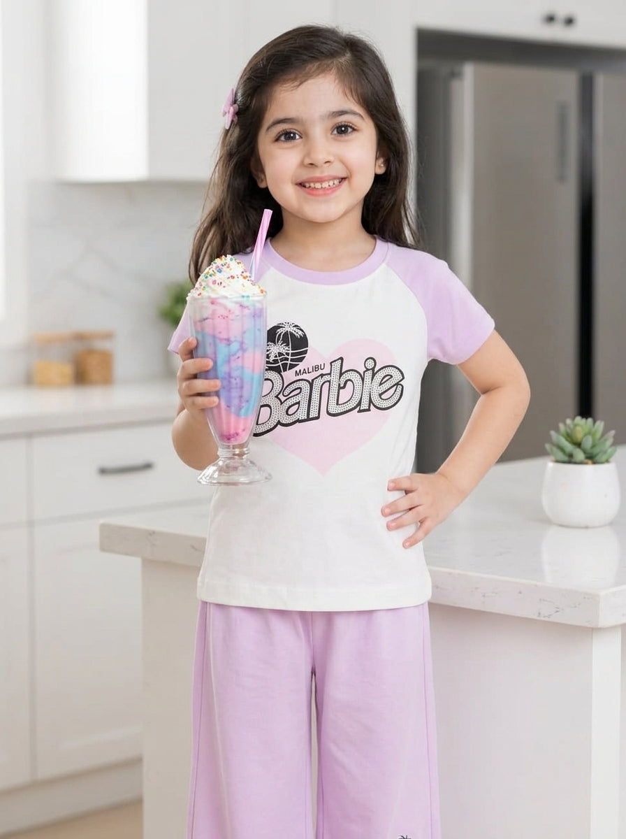 Girls Cute Printed Short Sleeve T-Shirt & Lavender Trousers Se
