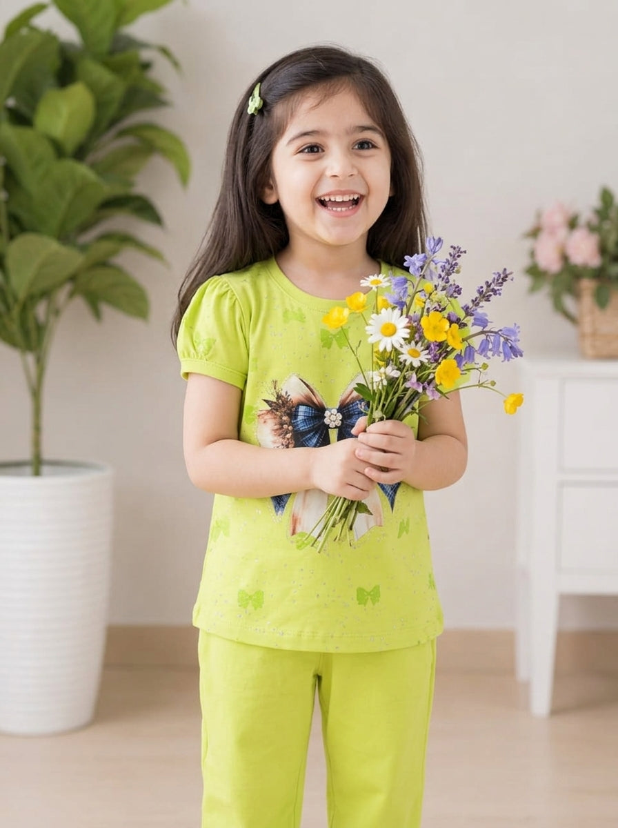 Girls Cute Printed Short Sleeve Pajama Set - Lime Green