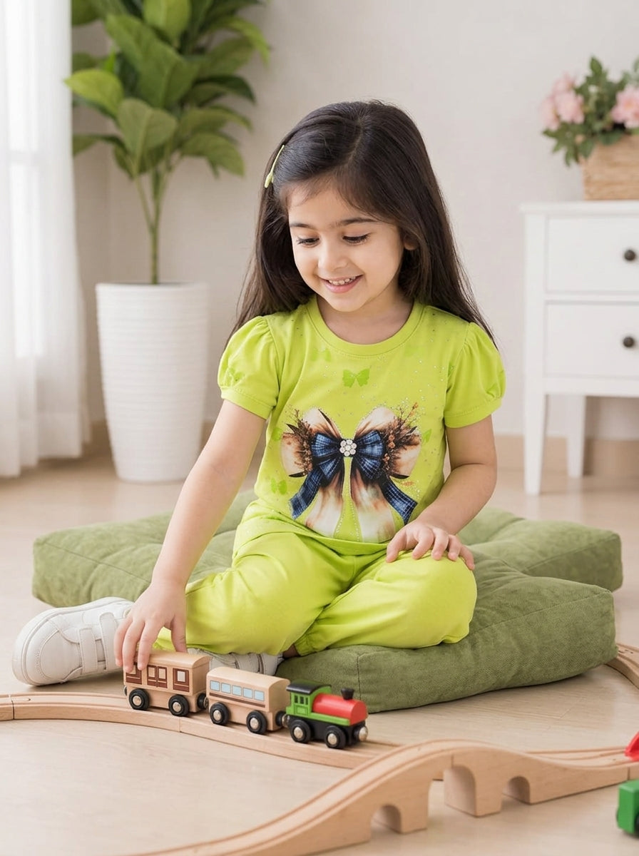 Girls Cute Printed Short Sleeve Pajama Set - Lime Green