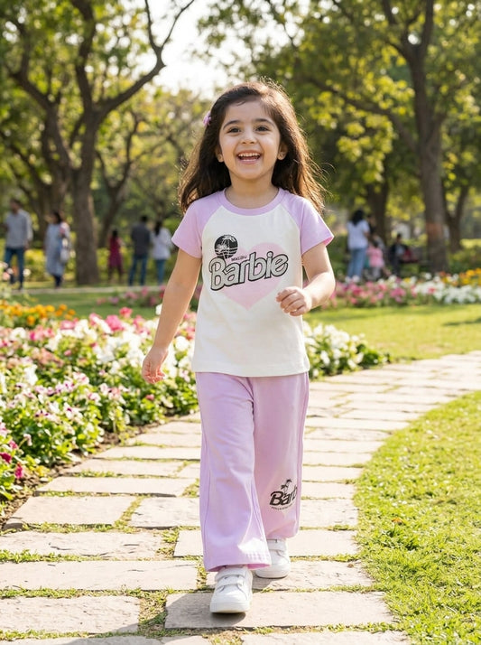 Girls Cute Printed Short Sleeve T-Shirt & Lavender Trousers Se