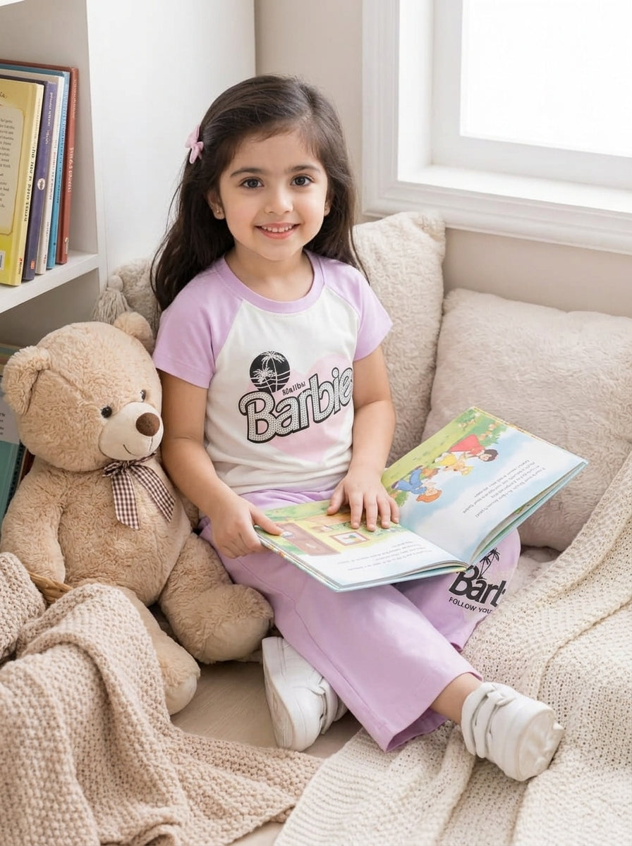 Girls Cute Printed Short Sleeve T-Shirt & Lavender Trousers Se