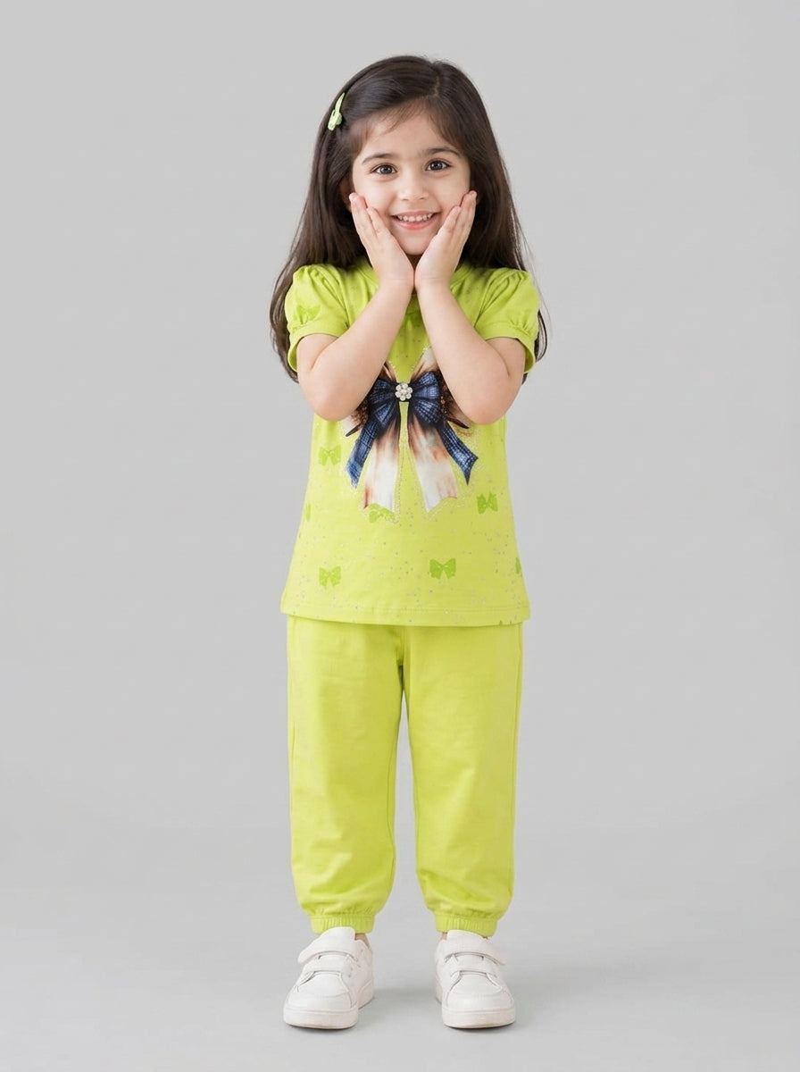 Girls Cute Printed Short Sleeve Pajama Set - Lime Green