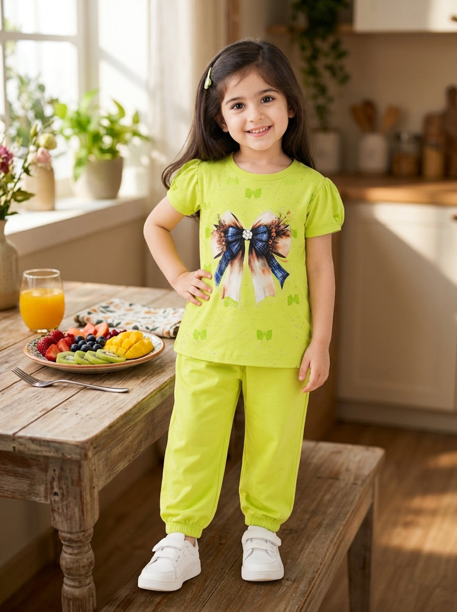 Girls Cute Printed Short Sleeve Pajama Set - Lime Green