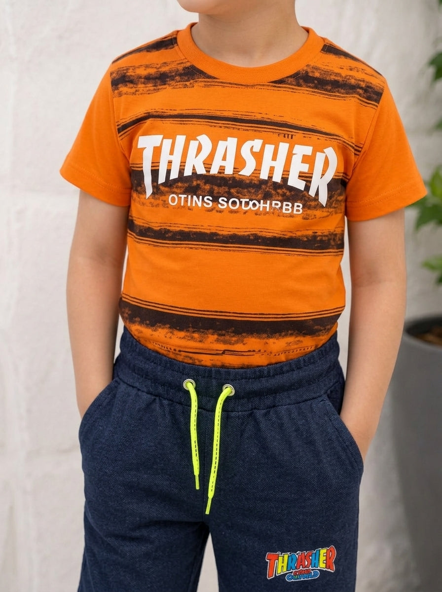 Boys Trendy Orange Thrasher T-Shirt & Shorts