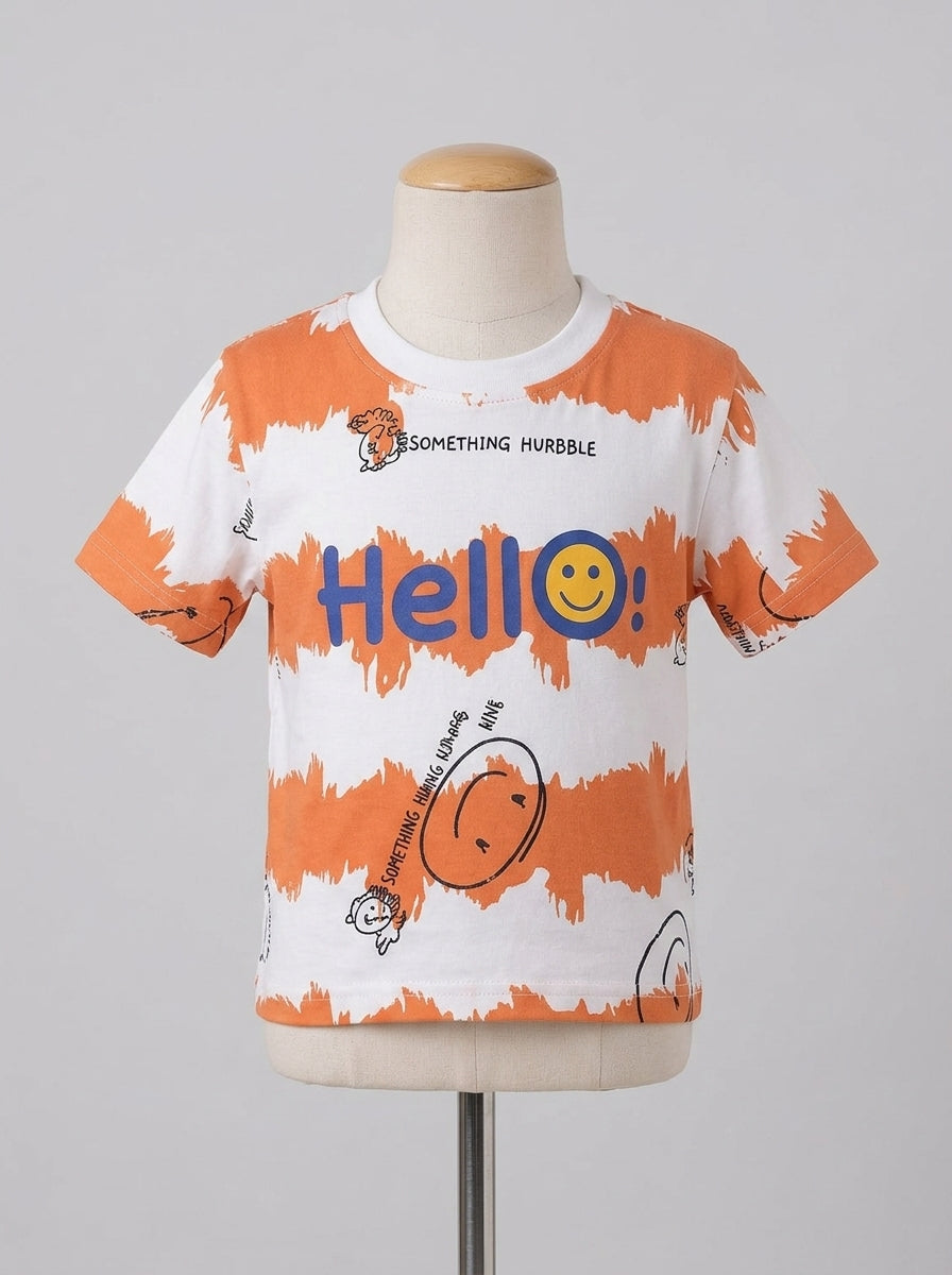 Boys Casual Summer Suit Orange Striped Hello Tee with Elastic Waist Shorts