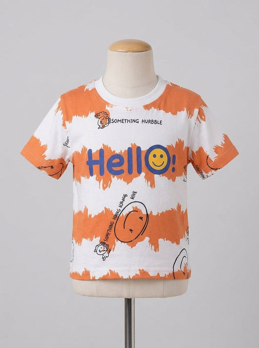Boys Casual Summer Suit Orange Striped Hello Tee with Elastic Waist Shorts