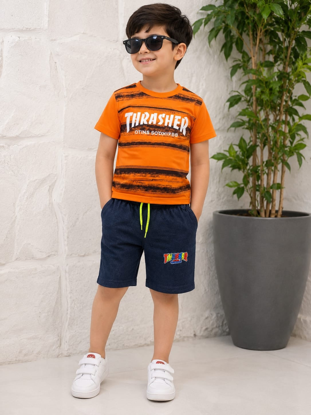 Boys Trendy Orange Thrasher T-Shirt & Shorts
