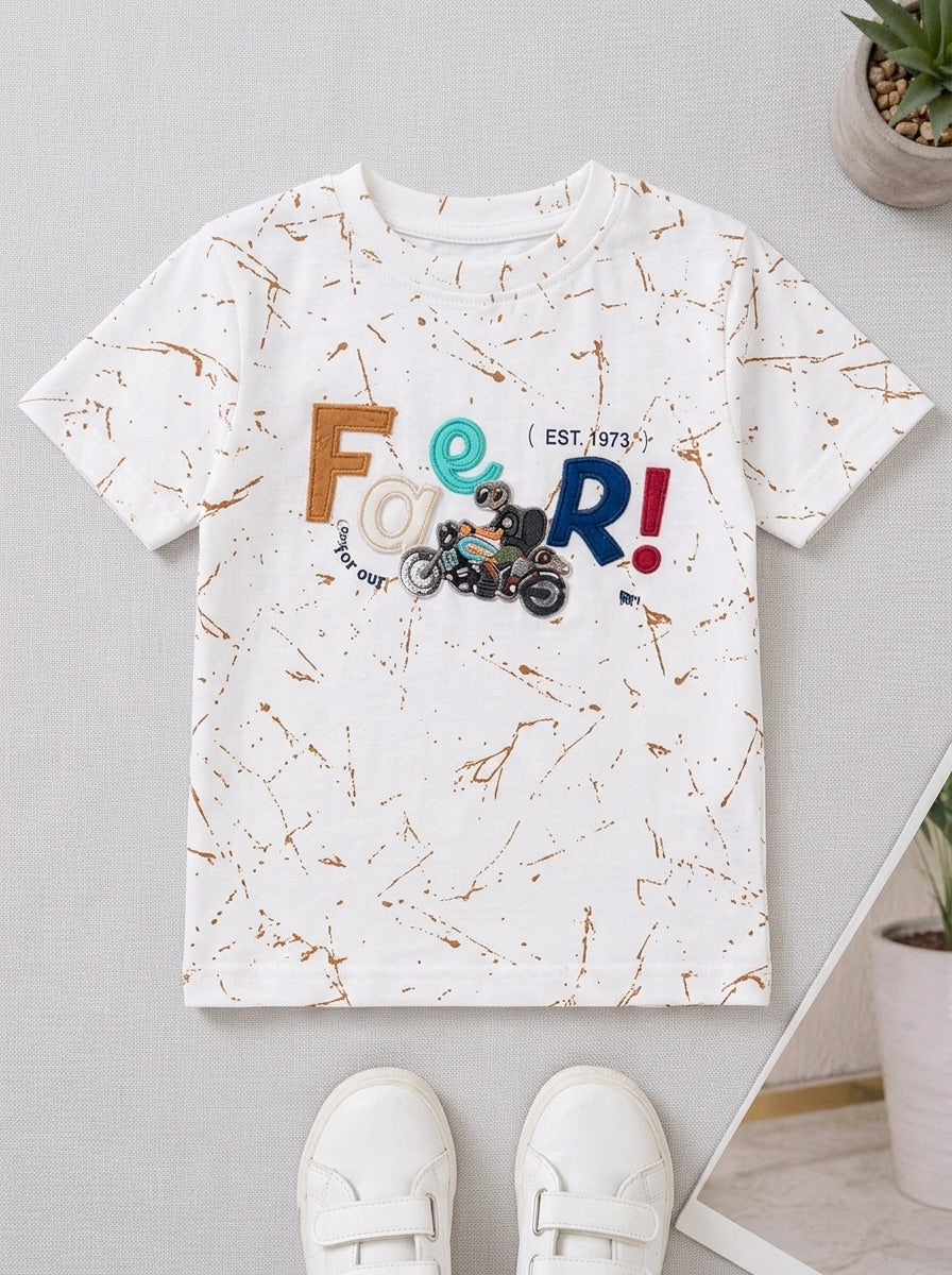 Kids Boys Casual Summer Set – Printed White Tee with Brown Cargo Shorts