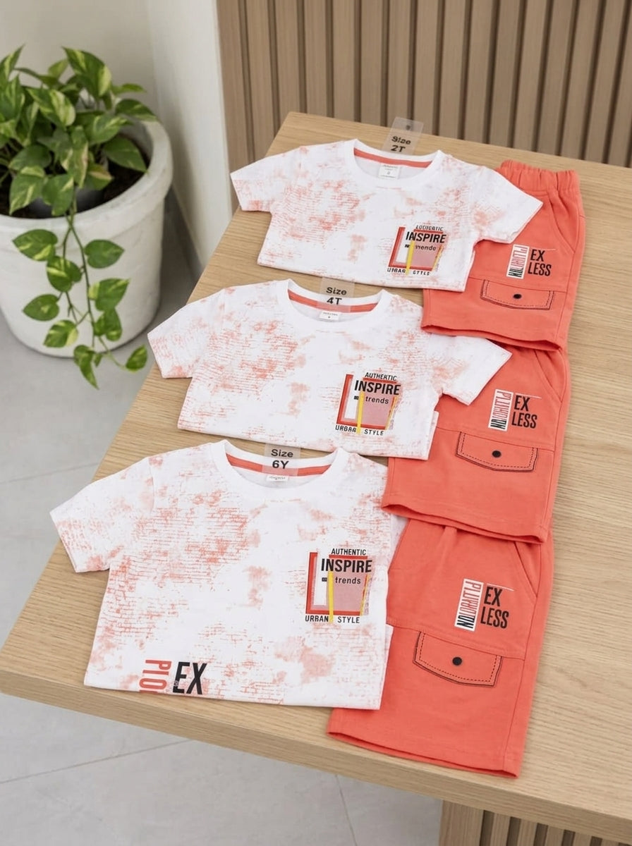 Kids Boys Casual Summer Suit – Printed White Tee with Bright Orange Shorts