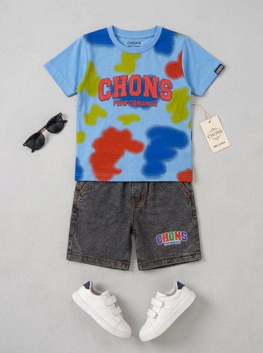 Kids Boys Trendy Summer Suit – Bright Printed Tie-Dye Tee with Dark Shorts