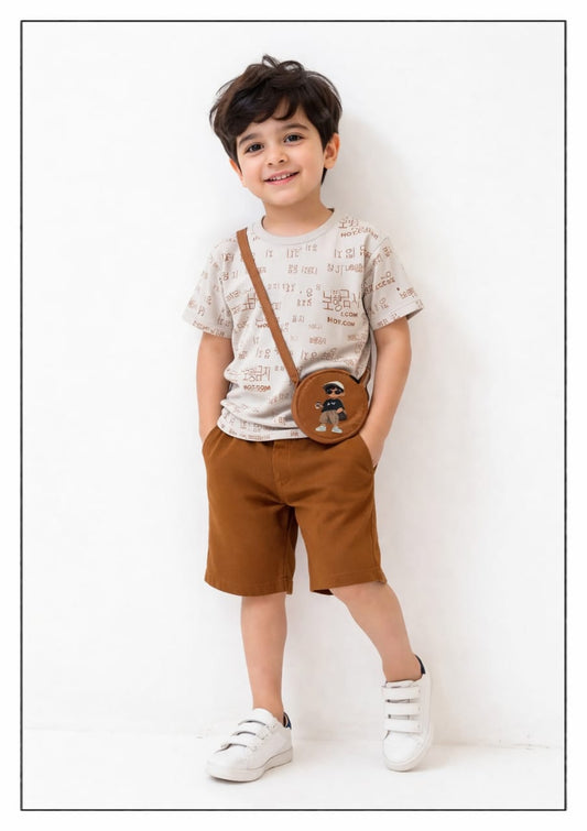 Premium Boys Beige Graphic Tee & Corduroy Shorts