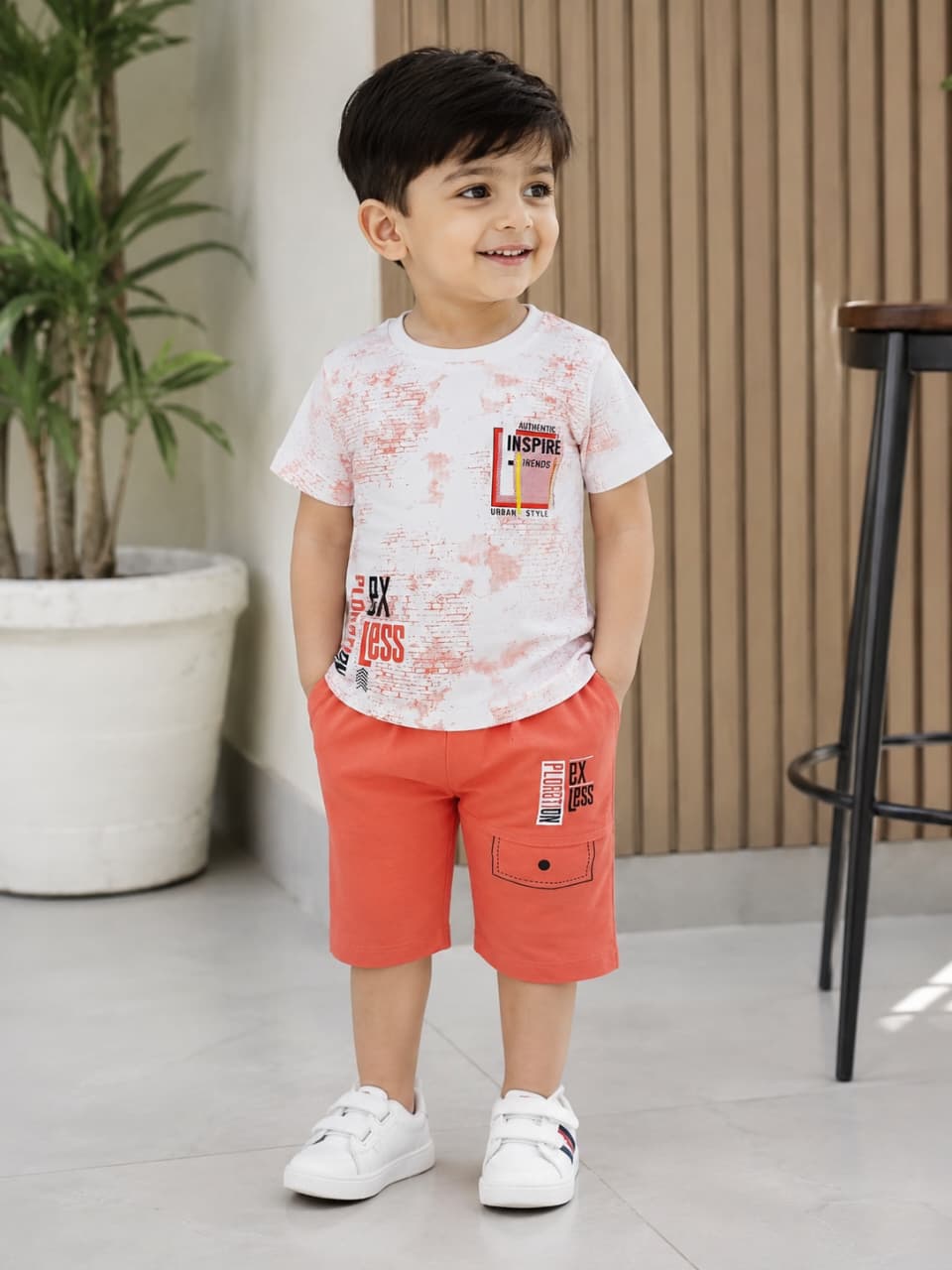 Kids Boys Casual Summer Suit – Printed White Tee with Bright Orange Shorts