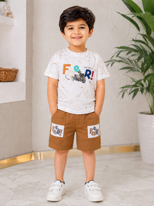 Kids Boys Casual Summer Set – Printed White Tee with Brown Cargo Shorts