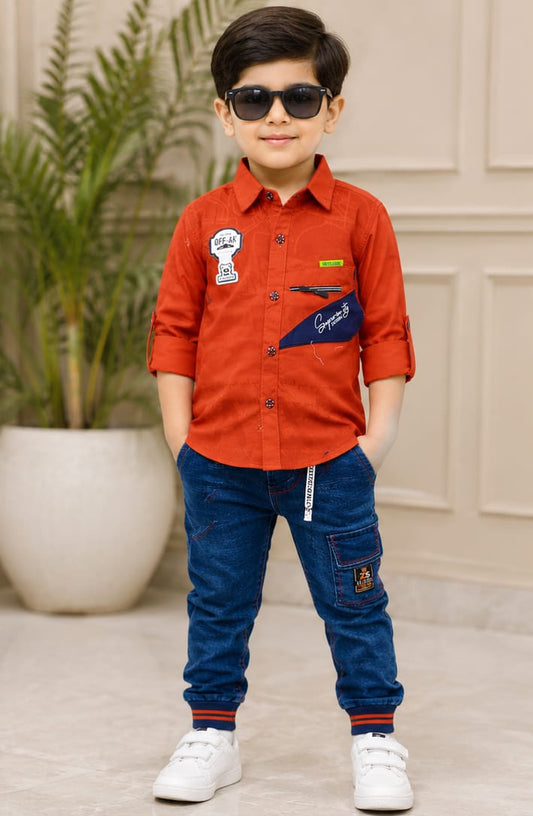 Kids Boys Trendy Orange Button-Down Top & Cargo