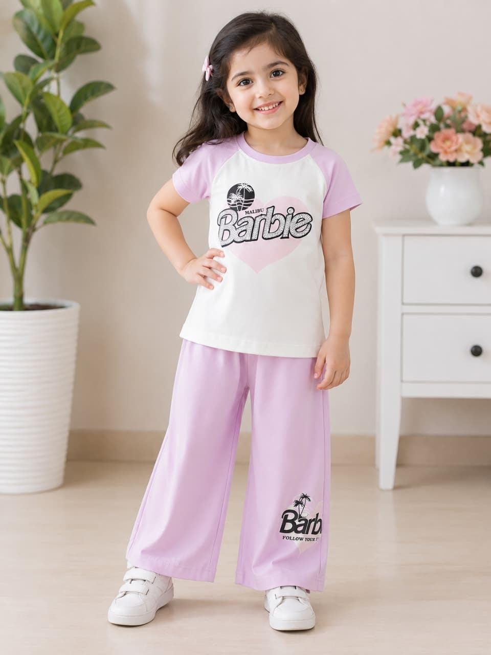 Girls Cute Printed Short Sleeve T-Shirt & Lavender Trousers Se