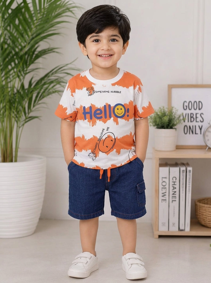 Boys Casual Summer Suit Orange Striped Hello Tee with Elastic Waist Shorts